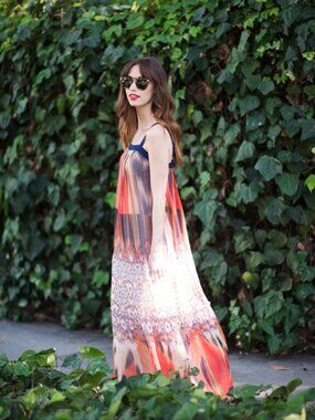 🌞 Bebe Orange Blue Floral Boho Printed Chiffon Babydoll Maxi Dress